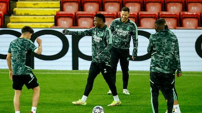 Real Madrid's Eden Hazard and Vinicius Junior during training. Reuters