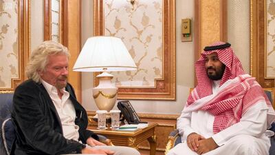 Richard Branson, with Saudi Crown Prince Mohammed bin Salman, said that Virgin Galactic would send its first aircraft into space within three months, with Virgin Orbit launching satellites within four months. Courtesy: Saudi Press Agency