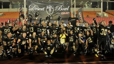 Abu Dhabi Wildcats celebrate after defeating the Dubai Stallions Desert Bowl II. Charles Crowell for The National / March 14, 2014