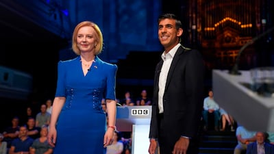 Liz Truss and Rishi Sunak before taking part in the BBC Conservative Party leadership debate in Stoke-on-Trent, England, on Monday. PA
