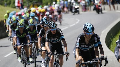 Team Sky ride to protect two time winner, Chris Froome (C) of Great Britain during Stage 8 of the 103rd Tour de France cycling race over 184km between Pau and Bagneres-de-Luchon, France, 09 July 20 16. Yoan Valat / EPA