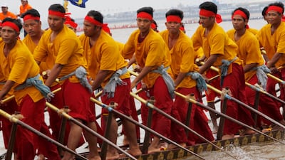 Cambodian rowers power their boat during the annual Water Festival on the Tonle Sap River in Phnom Penh, Cambodia. Kith Serey / EPA