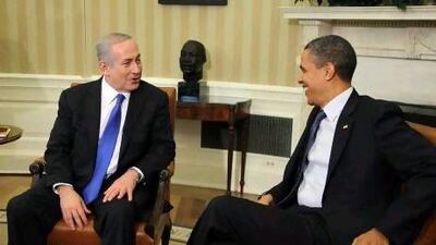 Benjamin Netanyahu and Barack Obama meet in the Oval Office of the White House yesterday.