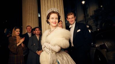Claire Foy, centre, who played Queen Elizabeth II in the first two seasons of 'The Crown, and Matt Smith, right, who took on the role of a young Prince Philip. Netflix