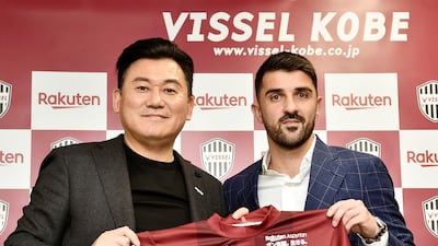 David Villa, right, during his unveiling as a Vissel Kobe player on Saturday. AP Photo