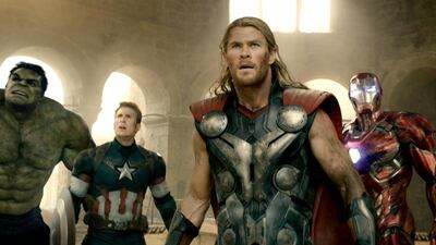 Marvel's Avengers: Age Of Ultron..Left to right: Hulk (Mark Ruffalo), Captain America (Chris Evans), Thor (Chris Hemsworth), Iron Man (Robert Downey Jr.), Black Widow (Scarlett Johansson), and Hawkeye (Jeremy Renner) Cpurtesy marvel