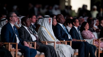 President Sheikh Mohamed attends the opening ceremony of Abu Dhabi Sustainability Week. Seen with Aleksandar Vucic, President of Serbia, Faustin Archange Touadera, President of the Central African Republic, Patrick Herminie, President of Seychelles and Ferdinand Marcos Jr, President of the Philippines