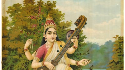 Varma mass-produced lithographs of his paintings, making his depictions and gods and goddesses, such as Saraswati here, accessible to the working class. Photo: Raja Ravi Varma Heritage Foundation