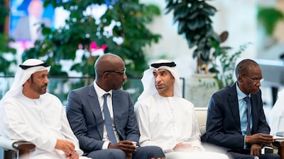 Dr Thani Al Zeyoudi, Minister of Foreign Trade, and Saeed Al Naqbi, UAE Ambassador to Senegal, alongside Senegalese officials during the meeting. Abdulla Al Bedwawi / UAE Presidential Court