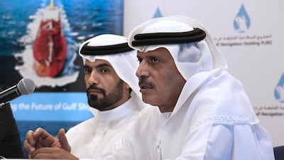 Abdulla Saeed Abdulla Brook Al Hemeiri, chairman, left, and Khamis Juma Buamim, group chief executive, of Gulf Navigation unveil their plans to expand. Jeffrey E Biteng / The National