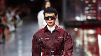 A model walks the runway at the fashion debut of the first co-ed Ferrari collection at Ferrari Factory on June 13, 2021 in Maranello, Italy. Getty Images