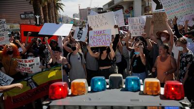 People protesting over the death of George Floyd block traffic along Las Vegas Boulevard in Las Vegas. AP Photo