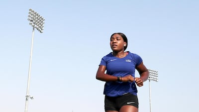 Deja Young, an American Paralympic athlete who won gold in the 100m and 200m in the Paralympics, trains at Nad Al Sheba Sports Complex in Dubai. Pawan Singh / The National