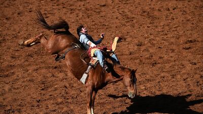 Joe Underwood competes in the bareback bronc event at the Mount Isa Mines Rodeo in Mount Isa, Queensland, Australia, 10 August 2019. EPA