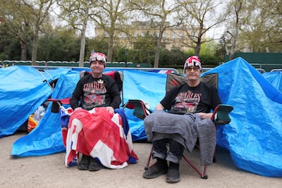 Royalists John Loughrey and Sky London, who have been camping on the Mall since last week. Reuters