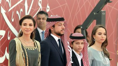 Queen Rania of Jordan and her children Crown Prince Hussein, Prince Hashem, and Princess Salma, attend a ceremony held in Amman on May 25, 2019, to celebrate the country's 73th Independence Day. Photo: AFP