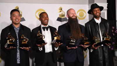 From left: Producers Jonathan Yip, Ray Romulus, Jeremy Reeves, and Ray Charles McCullough II of The Stereotypes, winners of the Best R&B Song and Song of the Year awards for Bruno Mars' 'That's What I Like'.