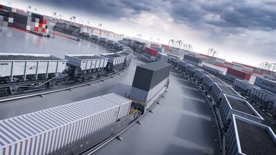 A rendering of some of Etihad Rail's freight services. Trains from Khalifa Port will chiefly carry shipping containers. Photo: Etihad Rail
