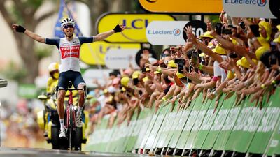 Bauke Mollema celebrates winning Stage 14.