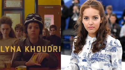 Lyna Khoudri in Wes Anderson's 2020 film 'The French Dispatch', left, and at Cannes Film Festival last year promoting 'Papicha'. Getty Images