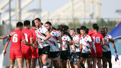UAE and China after the match during the Dialog Asia Rugby Sevens Series at Rugby Park in Dubai Sports City.