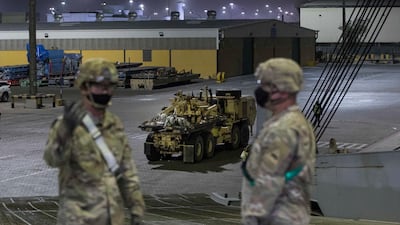 US military trucks and equipment arrive for the military exercise in Abu Dhabi at Jebel Ali Port, Dubai. Leslie Pableo for The National