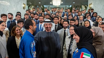 President Sheikh Mohamed with UAE astronauts and university students at a reception ceremony held at the UAE Embassy in Washington on September 24, 2024. Photo: Ryan Carter / UAE Presidential Court