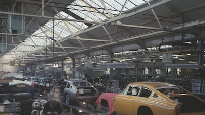 An Aston Martin assembly line in 1967