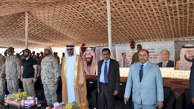 From right, Yemeni Deputy Prime Minister Salem Al Khanbashi, Hadramawt Governor Faraj Al Bahsani, and the UAE Ambassador to Yemen Salem Al Ghafli attend the reopening of Riyan airport on November 27, 2019. Saeed Al Batati for The National