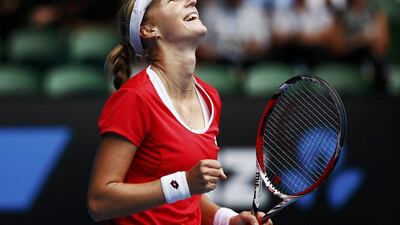 Ekaterina Makarova celebrates after beating Simona Halep in the Australian Open quarter-finals on Tuesday at Melbourne Park. Thomas Peter / Reuters