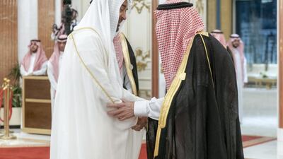 Saudi Arabia's King Salman greets Sheikh Mohamed bin Zayed.
