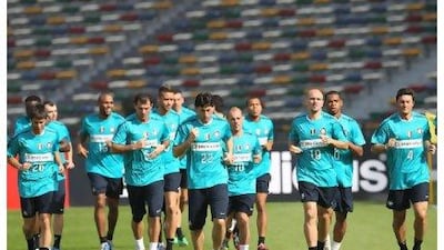 Inter Milan players during a training session at Zayed Sports City yesterday.