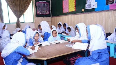 Girls at high school section of Aabroo are taking their class.