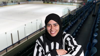 Fatima Al Ali, the first Emirati and Arab female to officiate in a IIHF World Cup, at Zayed Sports City, Abu Dhabi. Chris Whiteoak / The National