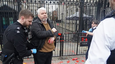 A man is detained outside Downing Street in London following a protest against the Israel-Gaza war. PA