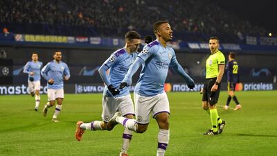Gabriel Jesus of Manchester City celebrates after scoring his second goal. Getty