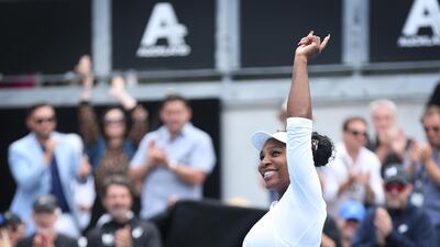 Serena Williams waves to the crowd after her first round win against Camila Giorgi. Getty Images