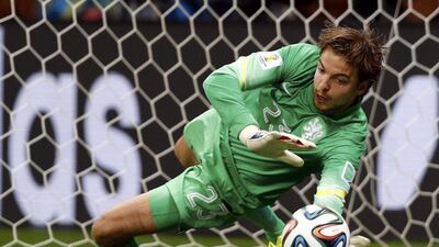 Netherlands keeper Tim Krul stops Bryan Ruiz's penalty shot in the shootout on Saturday against Costa Rica at the 2014 World Cup in Salvador, Brazil. Marcos Brindicci / Reuters
