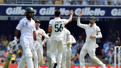 Australia fast bowler Mitchell Starc celebrates the dismissal of Pakistan's Haris Sohail. AFP