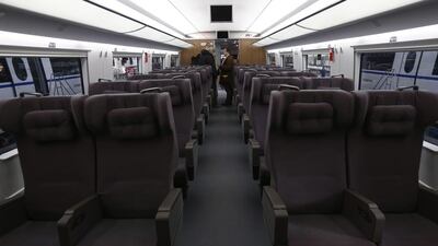 Inside a passenger seating area of a high-speed train being tested at the Tangshan Railway Vehicle in Hebei province, China. Rolex Dela Pena / EPA