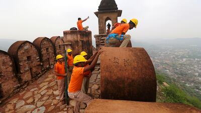 State Disaster Response officers at the 12th century fort in India.