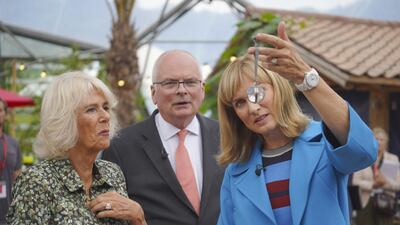 Queen Consort Camilla with BBC presenter Fiona Bruce on the the Antiques Roadshow at the Eden Project in Cornwall. PA