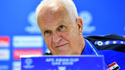 Syria's German coach Bernd Stange gives a press conference at Sharjah Stadium. AFP
