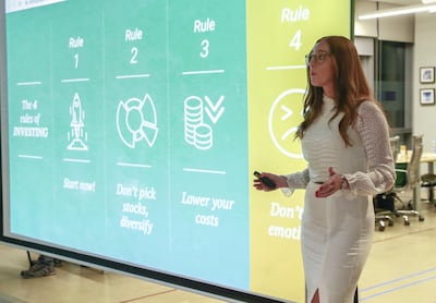 Daryl Hulse, wealth associate at robo-advisory firm Sarwa, outlines the four rules of investing at a 'boot camp' for budding investors. Among them is: don't get emotional. Victor Besa / The National