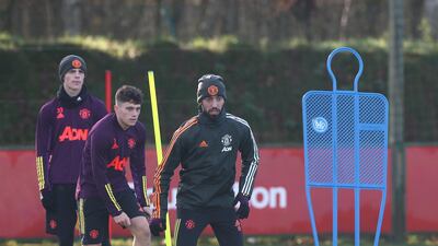 Bruno Fernandes of Manchester United during training at the Aon Training Complex. Getty