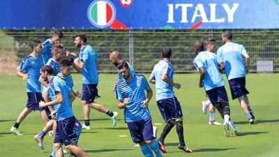 Italy players attend a training session at the Bernard Gasset centre in Montpellier, France, Friday, July 1, 2016. Italy will face Germany in a Euro 2016 quarter-final match in Bordeaux on Saturday, July 2, 2016. Antonio Calanni / AP Photo