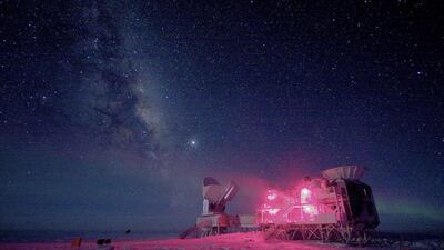 The 10-meter South Pole Telescope and the (Background Imaging of Cosmic Extragalactic Polarization) Telescope at Amundsen-Scott South Pole Station. Keith Vanderlinde / National Science Foundation / Reuters