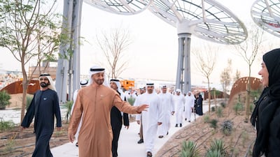 President Sheikh Mohamed and Sheikh Mohammed bin Rashid attend the opening of Al Wasl Plaza at Expo 2020 Dubai. Ministry of Presidential Affairs