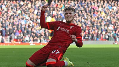 Substitute Harvey Elliott celebrates after scoring Liverpool's third goal in their 3-1 FA Cup fourth-round victory over Cardiff City at Anfield, on Sunday, February 6, 2022. Getty