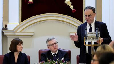 UK Chancellor of the Exchequer Rachel Reeves listens as Bank of England Governor Andrew Bailey delivers a speech at Mansion House in London last week. AFP